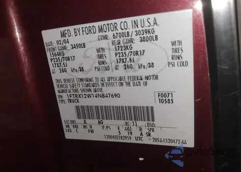 2004 Ford F-150 Stx/Xl/Xlt из США, поврежденный, VIN 1FTRX12W14NB47690